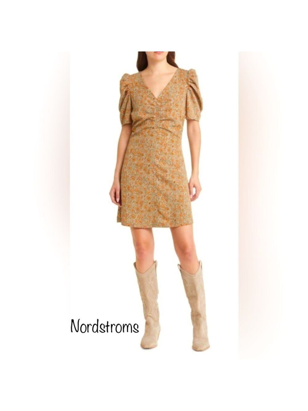 NewTreasure & Bond Paisley Coastal Cowgirl Ruched Puff Sleeve boho Dress- med
